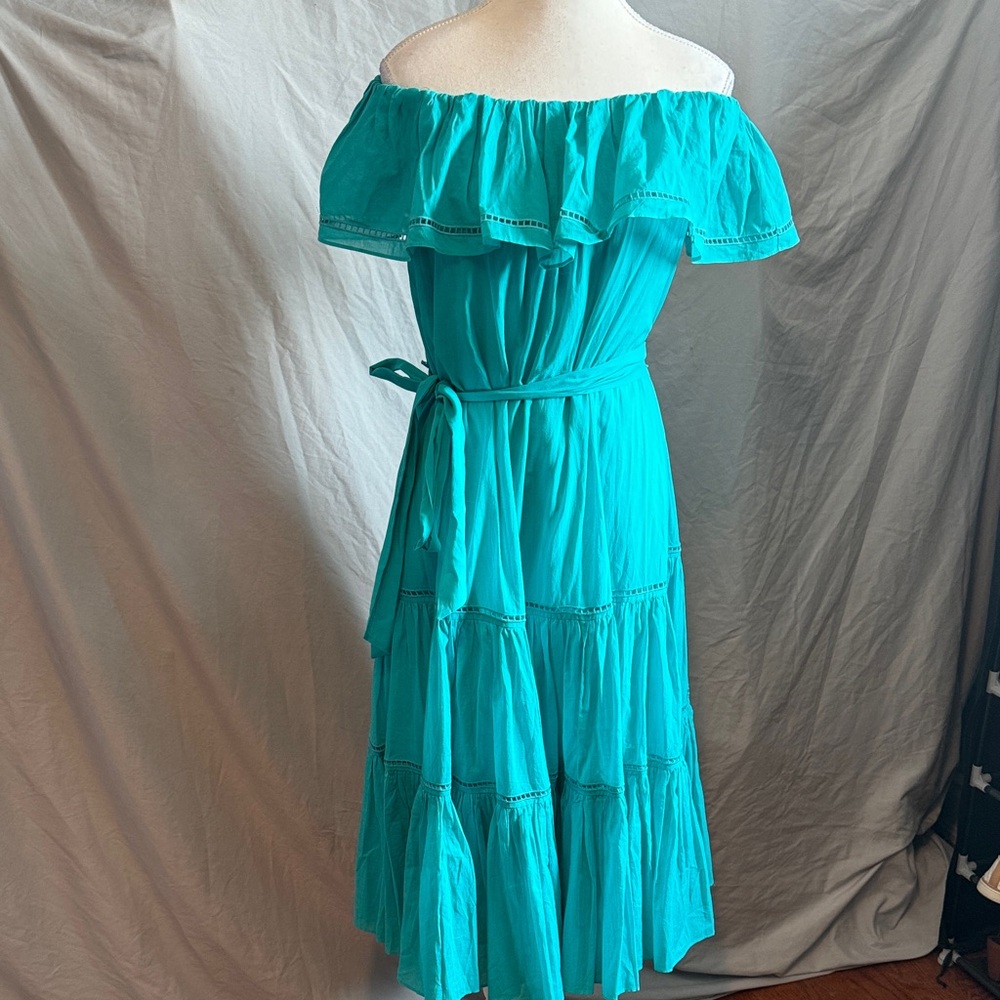 Trina Turk Off-Shoulder Turquoise Midi Dress
